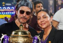 On Instagram, SRK's wife Gauri posted a picture of herself with her husband holding the Tata IPL cup.