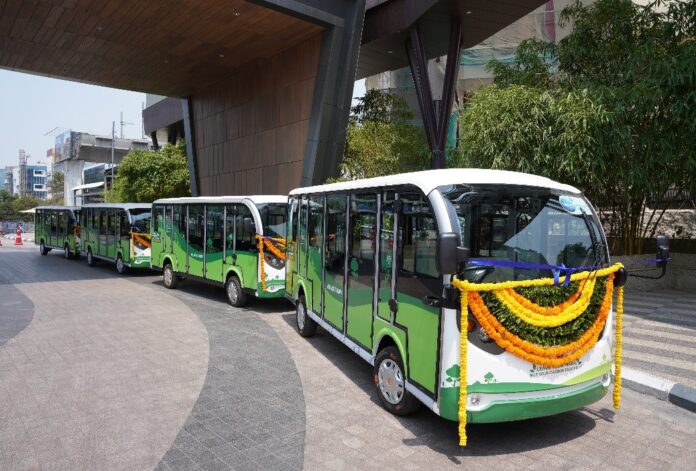 Mindspace Madhapur offers a fleet of four electric carts, each accommodating up to 14 passengers, catering to the commuting needs of tenants within the Business Park.