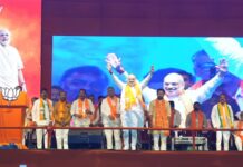Union home minister Amit Shah addresses a public meeting in support of Malkajgiri Lok Sabha candidate Etela Rajender and Secunderanad Cantonment Assembly byelection candidate TN Vamshi Tilak at Secunderabad Parade Ground on Sunday.