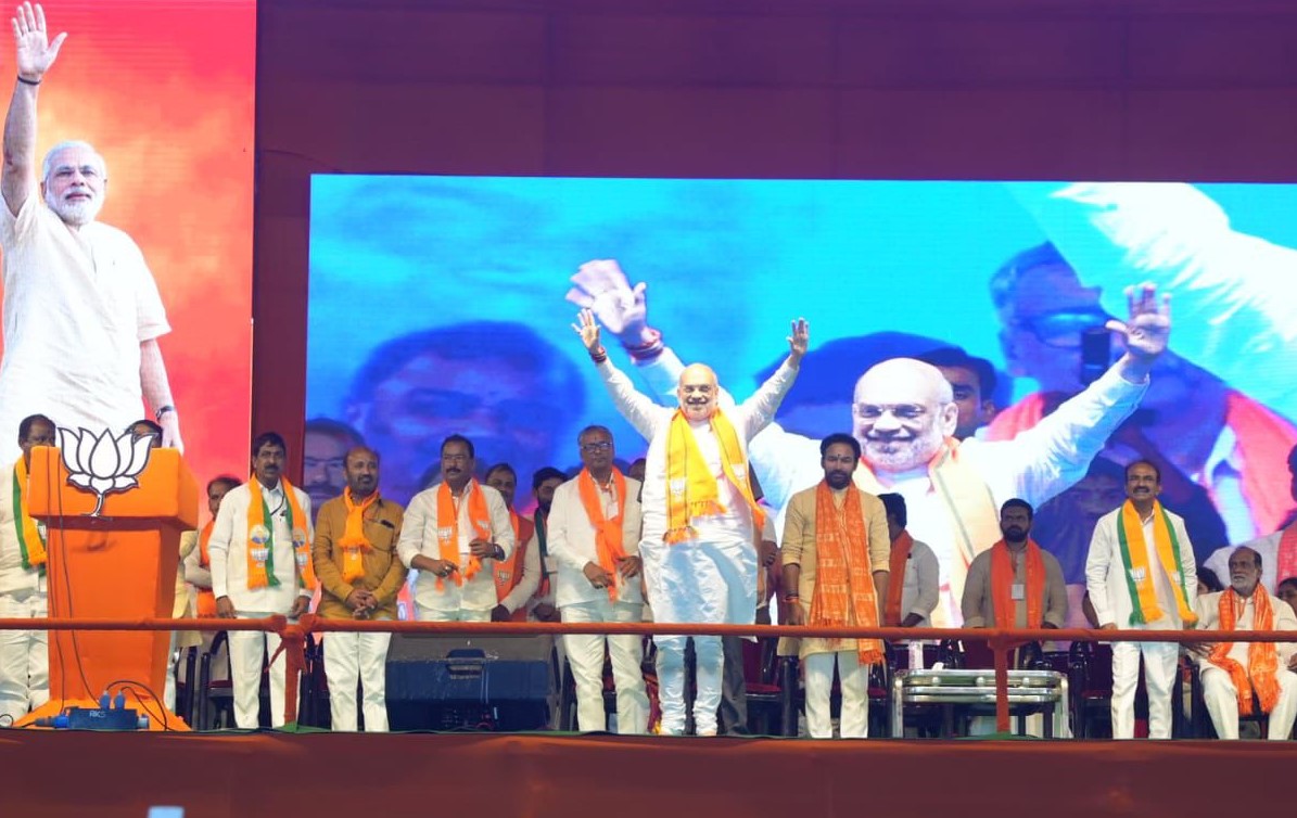 Union home minister Amit Shah addresses a public meeting in support of Malkajgiri Lok Sabha candidate Etela Rajender and Secunderanad Cantonment Assembly byelection candidate TN Vamshi Tilak at Secunderabad Parade Ground on Sunday.