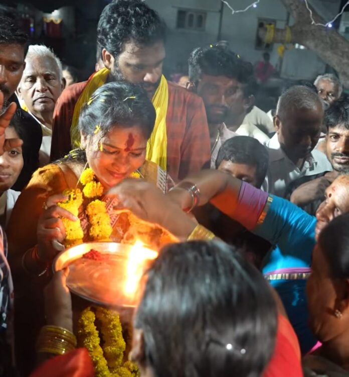 TDP-allies candidate from Payakaraopet Assembly constituency Vangalapudi Anitha receives warm welcome by people during her door-to-door campaign.