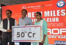NVS Reddy, MD, Hyderabad Metro Rail Limited (HMRL) and KVB Reddy, MD & CEO, L&TMRHL during during an event to mark 50 crore passenger journeys on Friday.