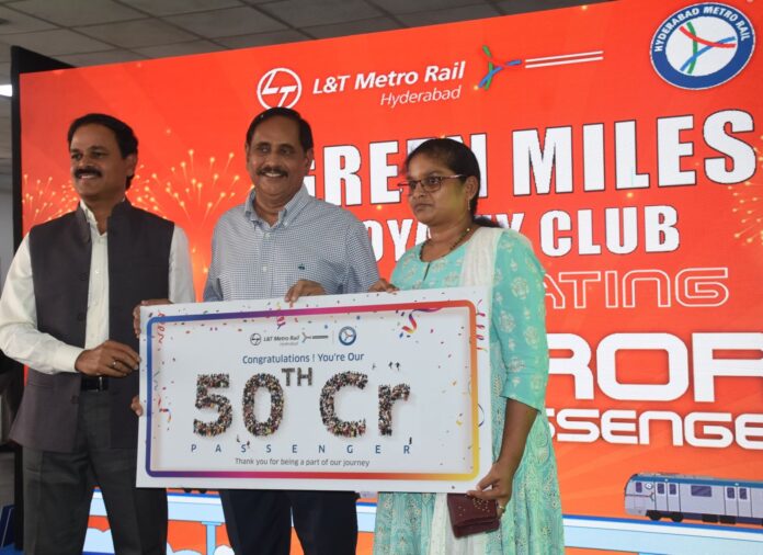 NVS Reddy, MD, Hyderabad Metro Rail Limited (HMRL) and KVB Reddy, MD & CEO, L&TMRHL during during an event to mark 50 crore passenger journeys on Friday.