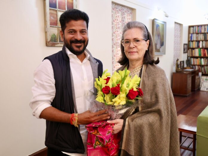 Revanth Reddy called on Sonia Gandhi at her residence in the national capital and on behalf of the people of Telangana extended the invitation.