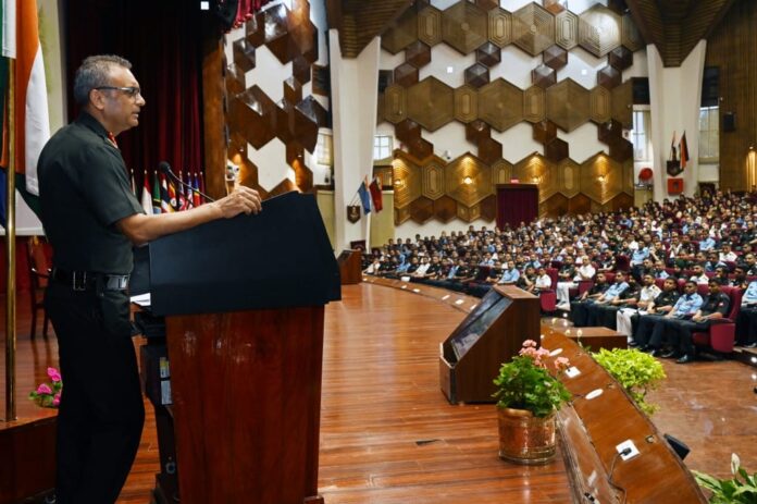 Lt Gen Virendra Vats, Commandant, DSSC, addresses the officers attending the 80th Staff Course in Wellington, Tamil Nadu, on Monday.