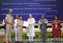 Shikha Goel, IPS, Director of the Telangana Cyber Security Bureau, accompanied by Devender Singh, receives the award from Union Home Minister Amit Shah during the 1st Foundation Day celebration of the Indian Cyber Crime Coordination Centre (I4C) in New Delhi on Tuesday.