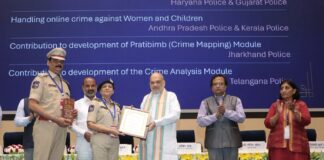 Shikha Goel, IPS, Director of the Telangana Cyber Security Bureau, accompanied by Devender Singh, receives the award from Union Home Minister Amit Shah during the 1st Foundation Day celebration of the Indian Cyber Crime Coordination Centre (I4C) in New Delhi on Tuesday.