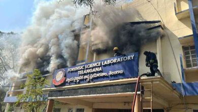 Fire damaged section inside the Telangana Forensic Science Laboratory showing burnt equipment and destroyed records after the major blaze.