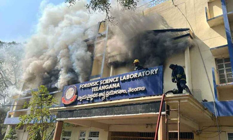 Fire damaged section inside the Telangana Forensic Science Laboratory showing burnt equipment and destroyed records after the major blaze.