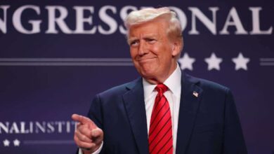 US President Donald Trump speaks during a public appearance as reports emerge about the increase in global import tariffs to fifteen percent following a Supreme Court ruling on trade authority.