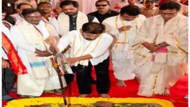 Revanth Reddy performing bhoomi pooja for Kaleshwaram temple development and visiting Medigadda barrage during district tour