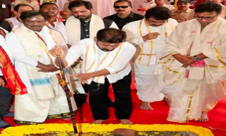 Revanth Reddy performing bhoomi pooja for Kaleshwaram temple development and visiting Medigadda barrage during district tour
