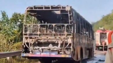 RTC bus catches fire near Vempalle after coming into contact with electric wires passengers escape safely due to driver alertness