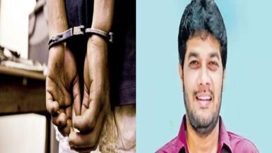 Anantha Babu arrest visual showing handcuffs and portrait related to driver Subrahmanyam murder case