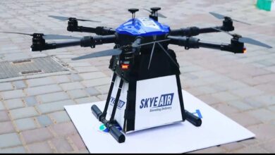 Drone delivering package in urban area as Sky Air prepares to launch ecommerce delivery services in Hyderabad