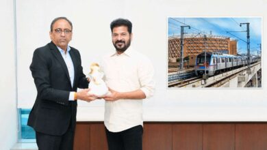 Hyderabad Metro government takeover meeting with officials holding a memento and metro train image highlighting public transport transition and development plans