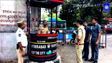 Hyderabad Traffic Police using mist fans at traffic booth to get relief from extreme summer heat during duty hours