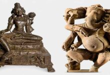 Two Indian antiquities including bronze deity and sandstone sculpture displayed with clear background showing restored cultural artifacts