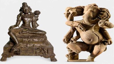 Two Indian antiquities including bronze deity and sandstone sculpture displayed with clear background showing restored cultural artifacts
