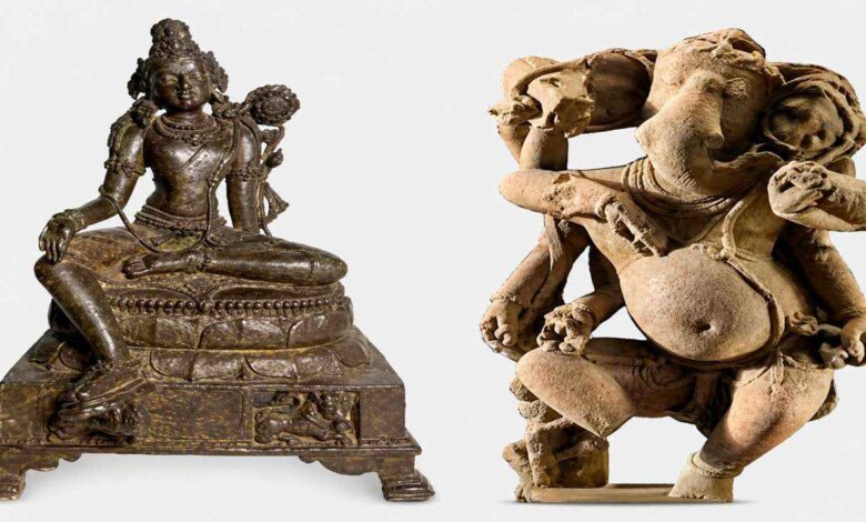 Two Indian antiquities including bronze deity and sandstone sculpture displayed with clear background showing restored cultural artifacts