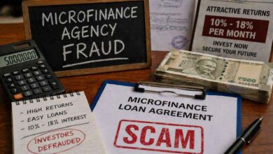Documents and cash highlighting microfinance fraud with scam stamp and misleading high return promises
