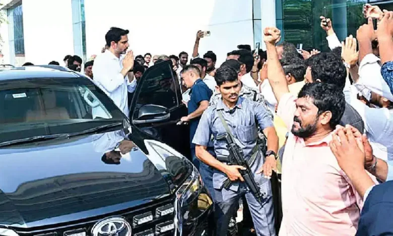 Nara Lokesh greeted by party leaders and supporters at Visakhapatnam Airport during his official visit