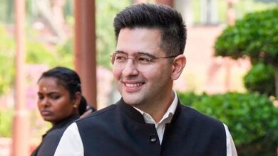 Raghav Chadha with AAP Rajya Sabha MPs announcing decision to join BJP after party exit
