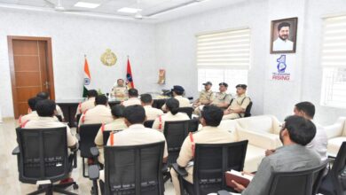 Ramagundam Police Commissioner Ambar Kishore Jha reviewing crime cases with officers during official meeting