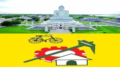 Visual combining Amaravati landmark and TDP party symbol representing the executive committee swearing in ceremony held in Amaravati
