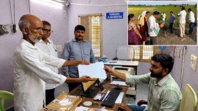 Officials verifying land survey map during registration as Telangana resolves land dispute using Bhoodhar system