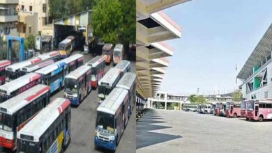 RTC buses parked inside depot during Telangana strike as workers protest and services remain halted