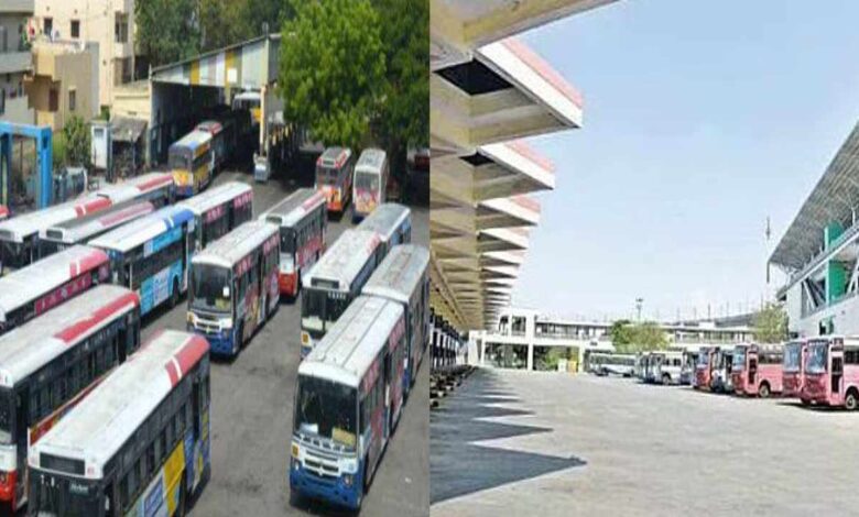 RTC buses parked inside depot during Telangana strike as workers protest and services remain halted