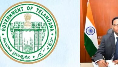 Senior official with Indian flag alongside Telangana government emblem representing IPS officers transfer and administrative reshuffle