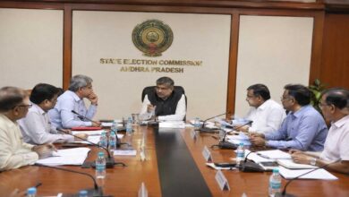 Andhra Pradesh State Election Commission officials discussing local body election preparations during an official review meeting in Amaravati