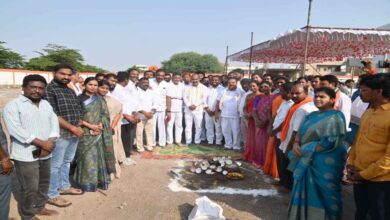 Bandi Sanjay Kumar laying foundation stone for BJP district office in Karimnagar Gayathri Nagar with party leaders and officials present