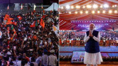 Prime Minister Narendra Modi addressing a huge BJP rally at Secunderabad Parade Grounds in Telangana with large crowd support
