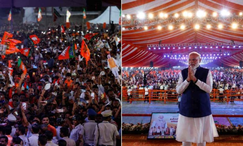 Prime Minister Narendra Modi addressing a huge BJP rally at Secunderabad Parade Grounds in Telangana with large crowd support