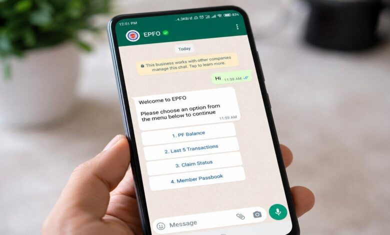 User accessing EPFO WhatsApp services for PF balance and claim details on a smartphone screen