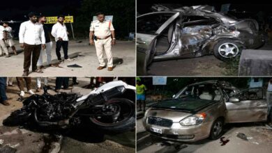 Damaged car and sports bike at Mahabubnagar bypass road accident site where five people lost their lives in a high speed collision