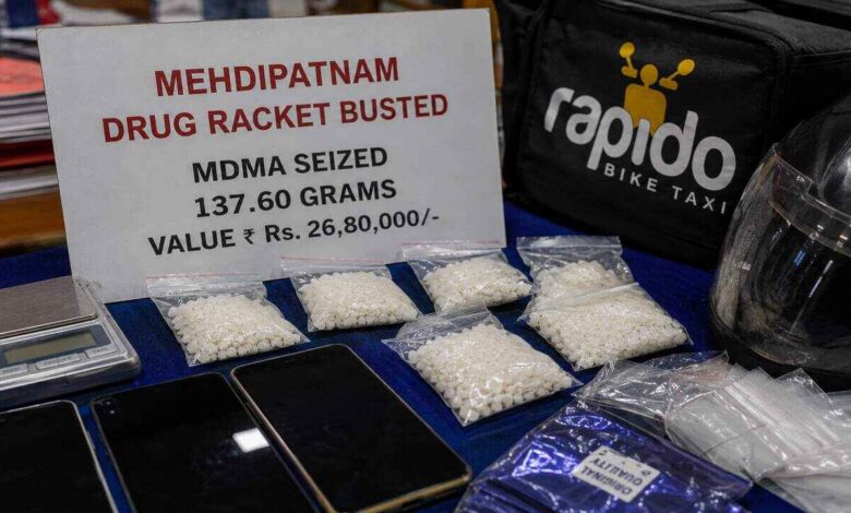 MDMA packets, mobile phones, weighing scale and Rapido delivery bag seized in the Mehdipatnam drug racket case
