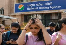 NEET UG students outside the National Testing Agency office after the announcement of fee refunds and re examination plans by NTA