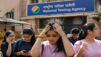 NEET UG students outside the National Testing Agency office after the announcement of fee refunds and re examination plans by NTA