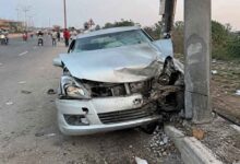 Damaged car after a fatal road accident near Visakhapatnam where a newly married woman lost her life