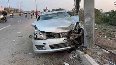 Damaged car after a fatal road accident near Visakhapatnam where a newly married woman lost her life