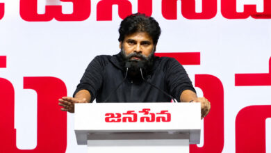 Pawan Kalyan speaking at a Jana Sena meeting in Mangalagiri while sharing an update about his health condition and recovery