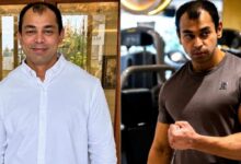 Collage featuring Prateek Yadav in a formal outfit and during a workout session at a gym.