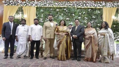 Telangana Chief Minister Revanth Reddy attending the wedding reception of Telangana High Court Chief Justice Apresh Kumar Singh’s son in Delhi