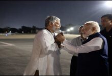 Senior Telugu actor Tanikella Bharani meeting Prime Minister Narendra Modi during the Prime Minister’s visit to Hyderabad.
