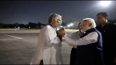 Senior Telugu actor Tanikella Bharani meeting Prime Minister Narendra Modi during the Prime Minister’s visit to Hyderabad.