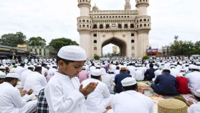 People offering Bakrid prayers at an Eidgah in Hyderabad after Telangana government announced Bakrid 2026 holiday